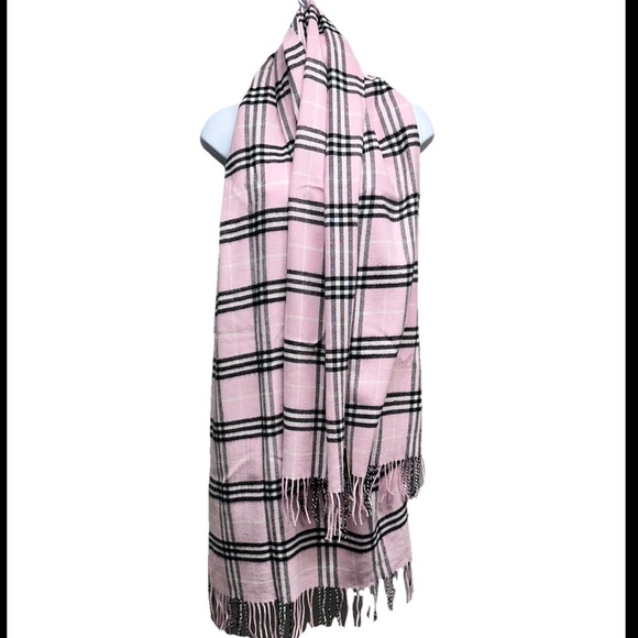 Rong Jia MONGOLIAN CASHMERE Plaid Scarf Pink Black Tartan Shawl Wrap Fringe - Picture 1 of 6